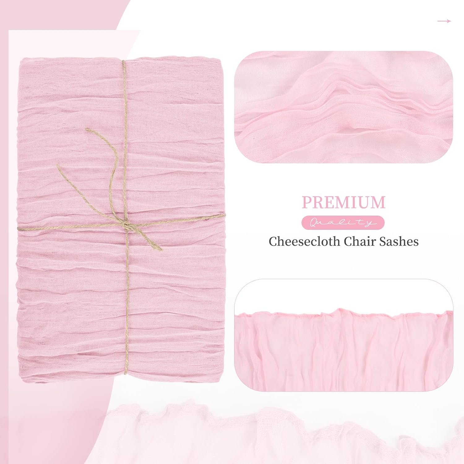 Showgeous 20 PCS Chair Sashes Cheesecloth Chair Sashes Rustic Chair Decorative Bows Designed Chair Cover for Wedding Banquet Party Aisle Home Kitchen Decoration (Light Pink, 16 x 108 inch) - Image 2