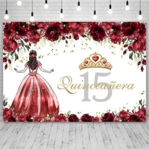 Sendy 7x5ft Quinceanera 15th Backdrop for Girls Mexico 15th Birthday Photography Background Burgundy Red Flowers Golden Crown Party Banner Photo Booth Studio Props