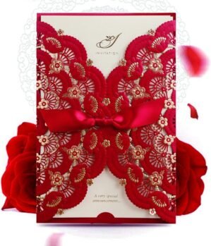 Hosmsua 5 x 7.4 Inch 50PCS Red Laser Cut Lace Wedding Invitations Kit with Rose Foil Gold Floral Bowknot Invitation for Wedding Engagement Quinceanera Invite