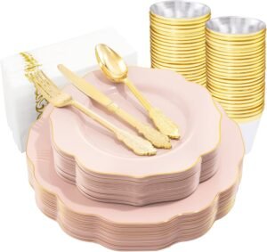 NOCCUR 175PCS Pink Plastic Plates – Pink Plates with Gold Disposable Silverware – Include 50 Plates,25 Knives,25 Forks,25 Spoons,25 Cups and 25 Napkins – Ideal for Wedding, Party&Valentine’s Day