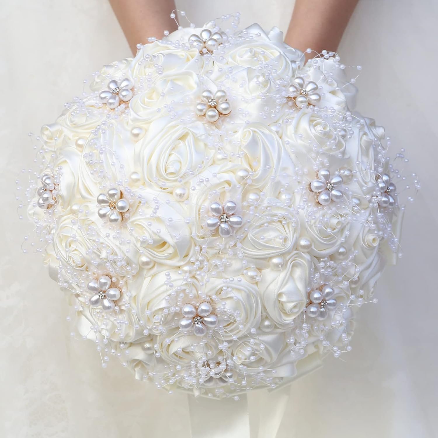 Ivory Bridal Wedding Bouquet Handmade with Rhinestone Pearl Ribbon Satin Rose Flower Bouquet for Bride Bridesmaid Quinceanera Bouquet Wedding Ivory 8.7in