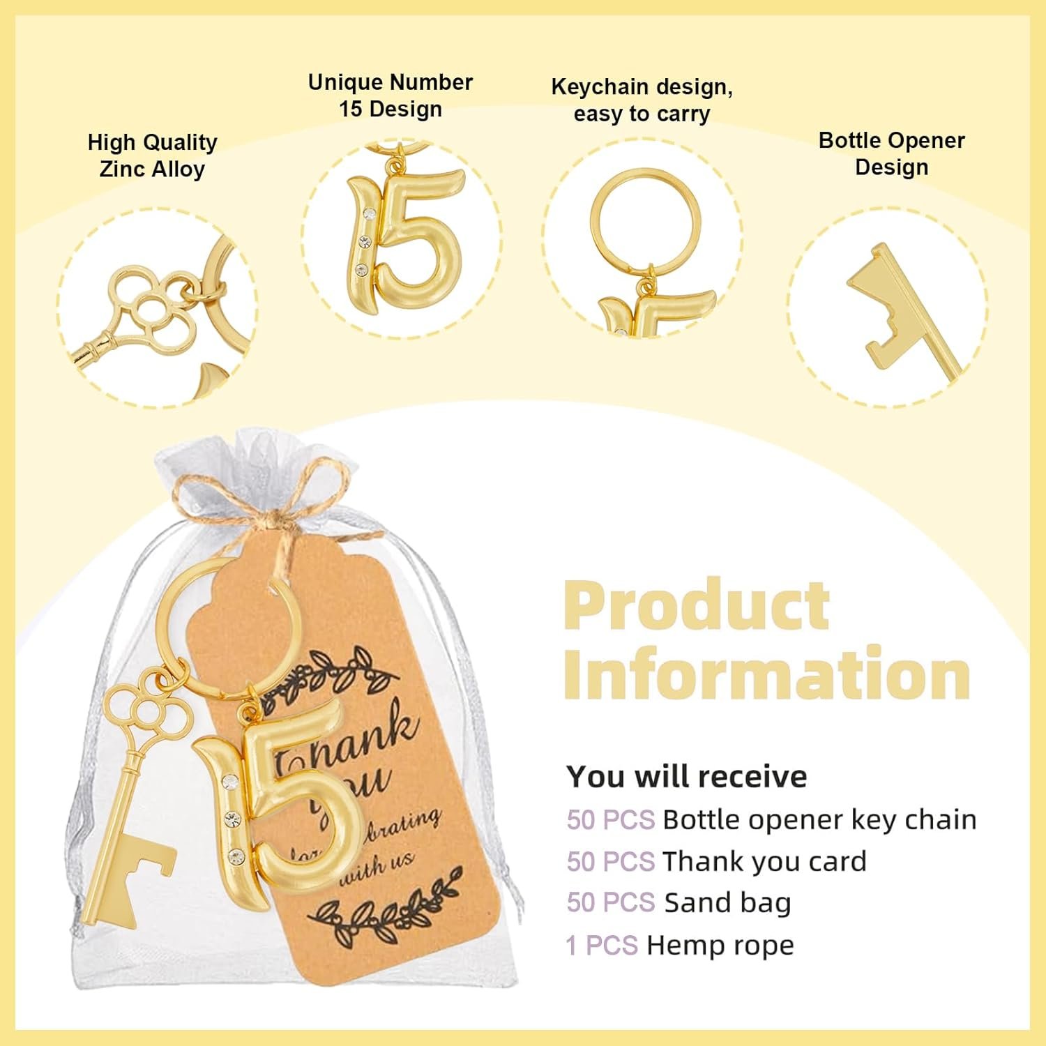 50Pcs 15th Quinceañera Key Bottle Openers Keychain Bulk 15 Birthday Party Favors, 15th Beer Key Chain Ring Bottle Opener Wedding Anniversary Return Gifts Party Decorations or Souvenirs for Guests - Image 3