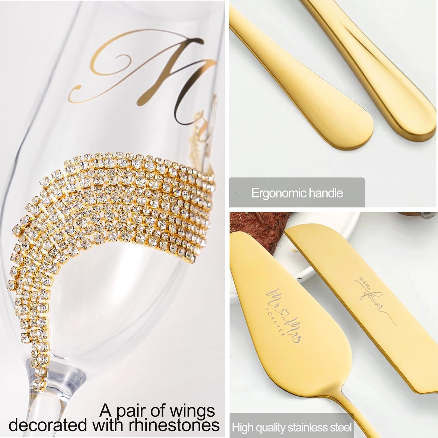 Wedding Cake Knife and Server Set, Gold Mr and Mrs Champagne Flutes and Cake Cutting Set for Wedding Bridal Shower Gifts (Gold) - Image 2