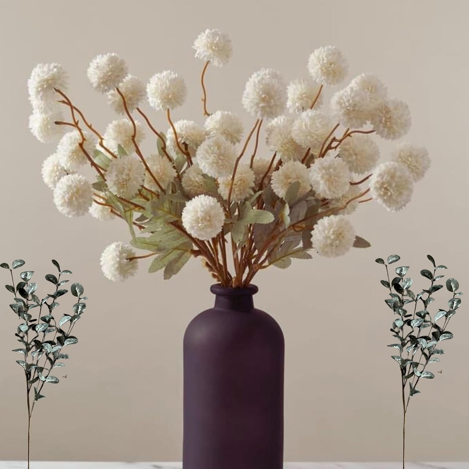 RyddeligHome Faux Kiku Flower White - 10 Stems & 18 Eucalyptus Stems(2 Branches), Small Mini Chrysanthemum Flowers, Artificial Pom Pom Balls for Aesthetic Room Decor, Floral Arrangements Centerpiece