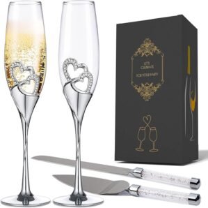 Wedding Cake Knife and Sever Set, Wedding Champagne Flutes and Cake Knife Server Set, Cake Cutting Set for Wedding, Engagement Gfits for Couples
