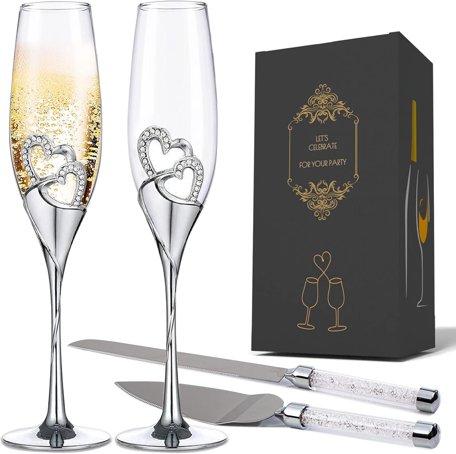 Wedding Cake Knife and Sever Set, Wedding Champagne Flutes and Cake Knife Server Set, Cake Cutting Set for Wedding, Engagement Gfits for Couples