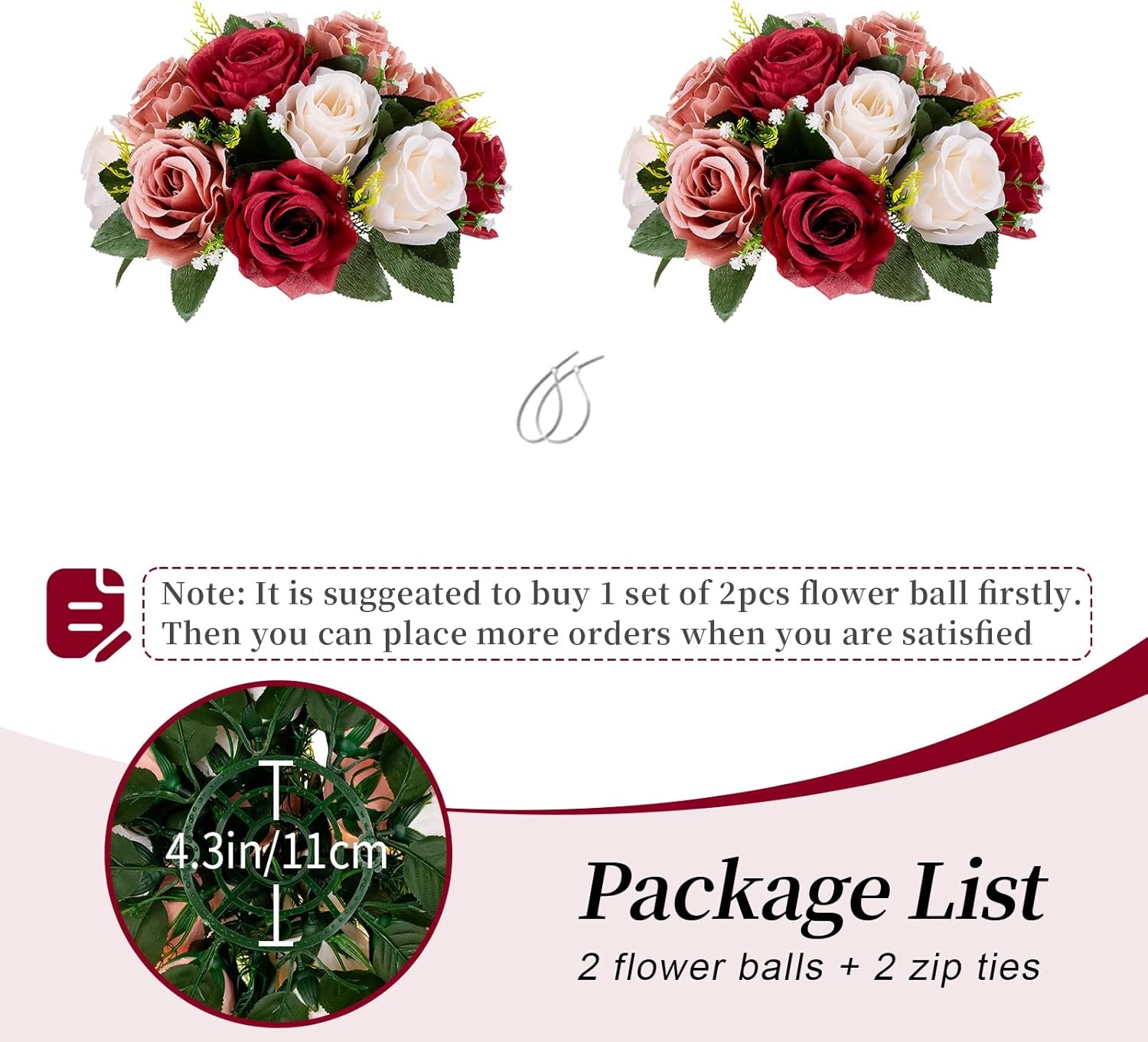 BLOSMON Flower Balls Wedding Centerpieces: 2 Pcs Burgundy Blush & White Fake Rose Flowers Kissing Decor Artificial Floral Arrangements Bouquet of Roses Home Party Room Table DIY Decoration - Image 6