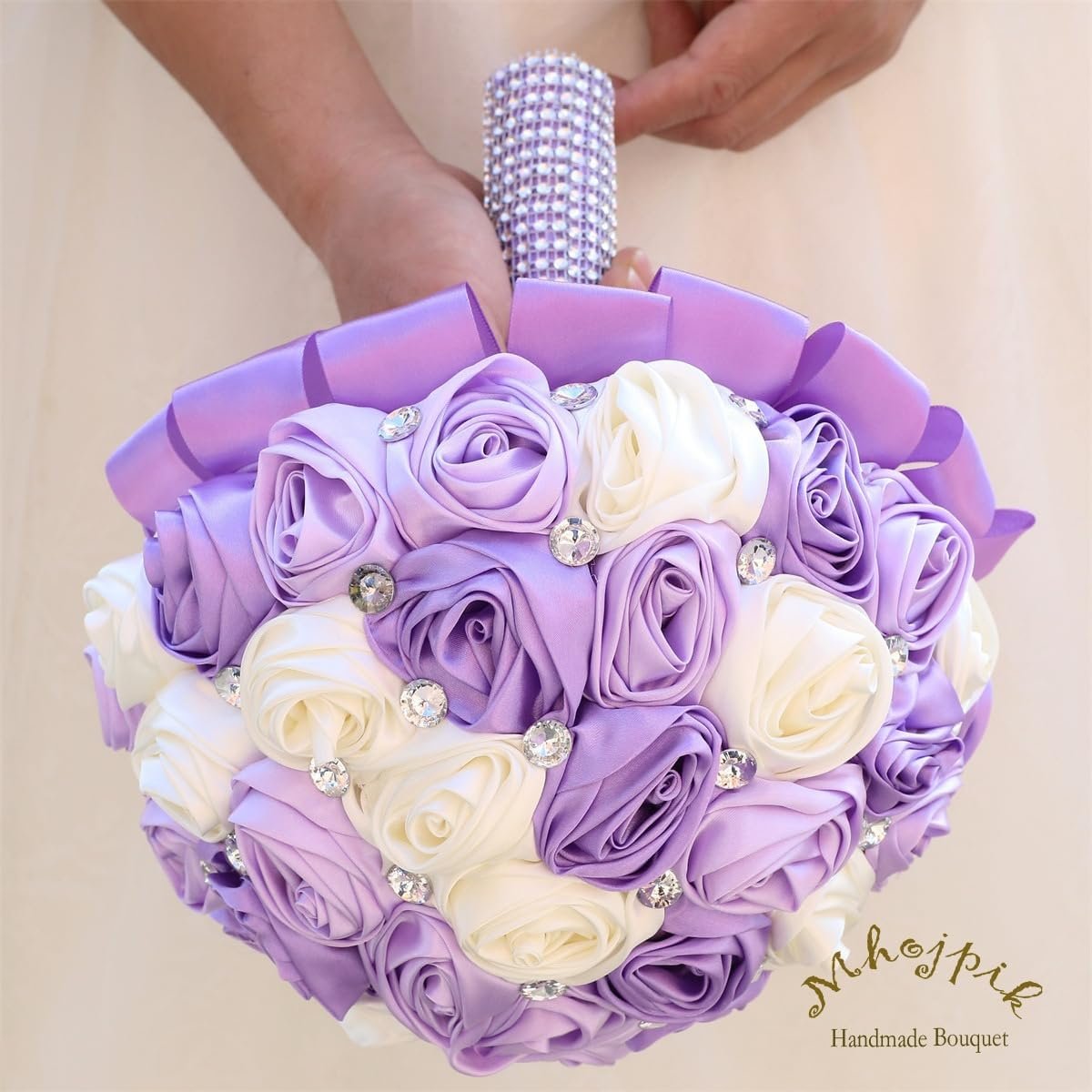 6.3" Lavender, Lilac & Ivory Bridal Wedding Bouquet Round Holding Bouquet Throw Toss Artificial Rose Flower Bunch for Bride Bridesmaid Wedding Quinceanera - Image 3