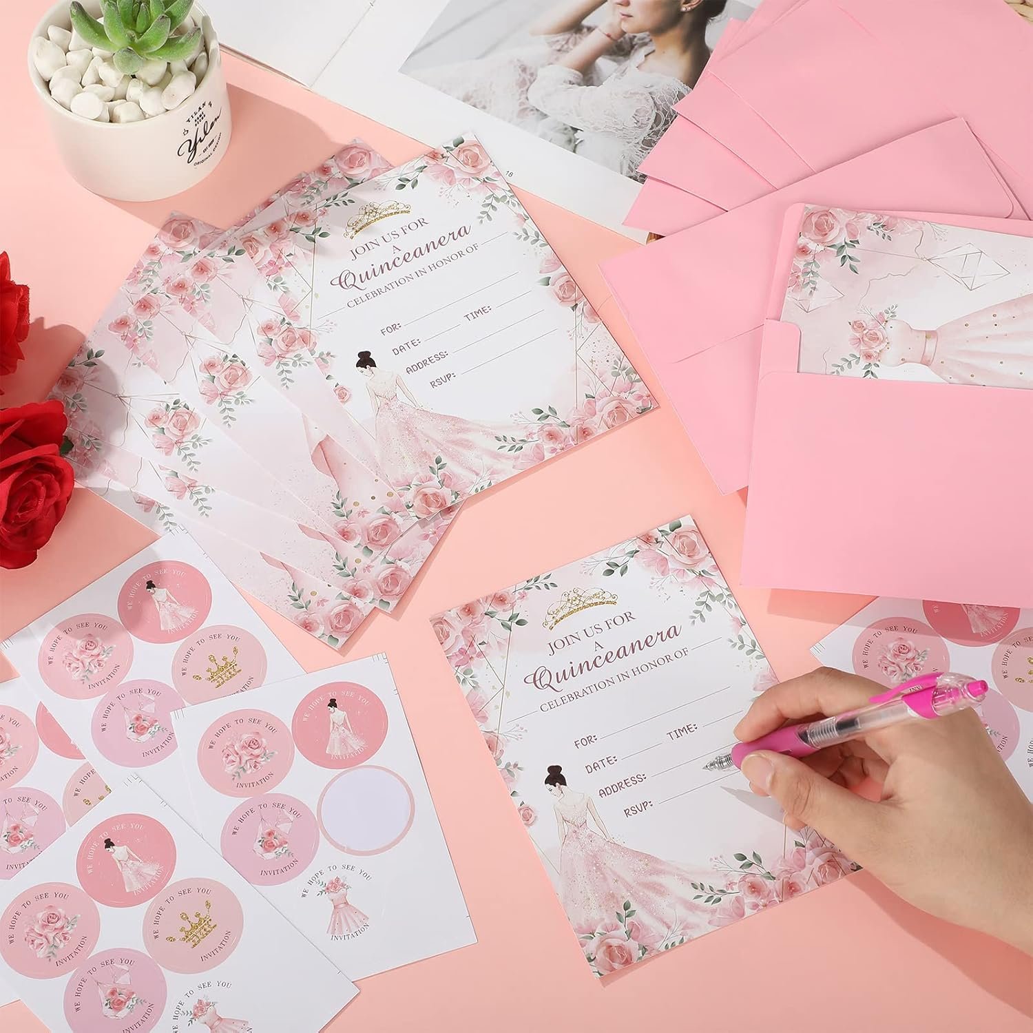 24 Sets Quinceanera Invitations Kit Include Quinceanera Invitation Cards with Envelopes and Stickers Crown Princess Rose Quinceanera Card Invitations for Quinceanera Bridal Shower Birthday Invite - Image 4