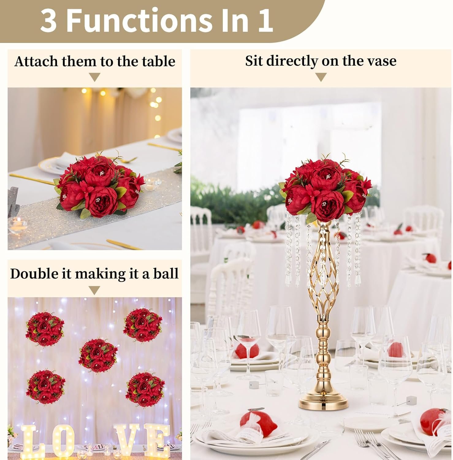 NUPTIO Flower Balls Flowers for Centerpieces: 10 Pcs 9.4 inch Diam Red Artificial Peony Fake Flower Ball Arrangement Bouquet Wedding Centerpieces for Tables Wedding Centerpiece Decorations - Image 4