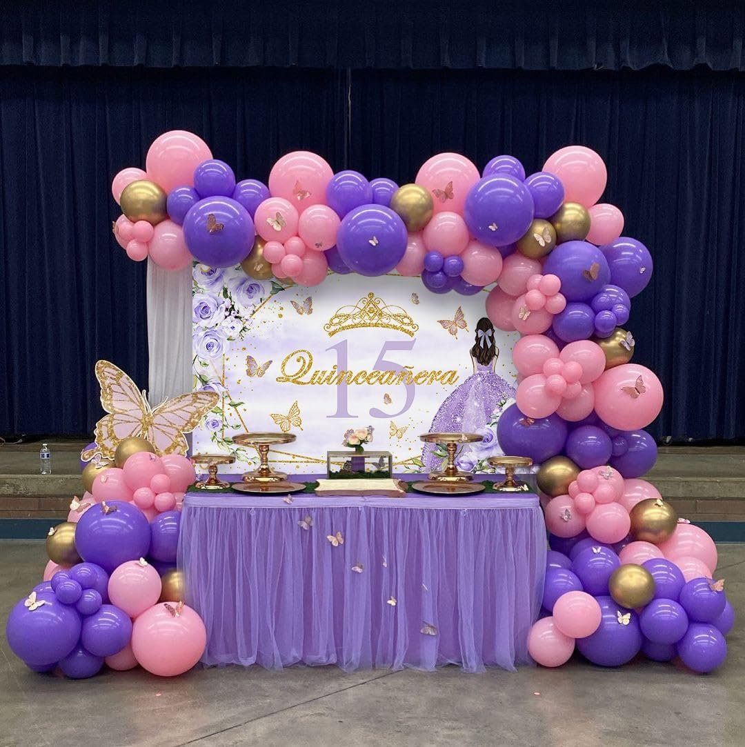 Avezano Quinceanera 15 Birthday Backdrop Banner Mis Quince Anos 15th Birthday Party Decorations Girls Sweet 15 Birthday Party Background Purple Gold, 70.8 x 43.3 inch - Image 4