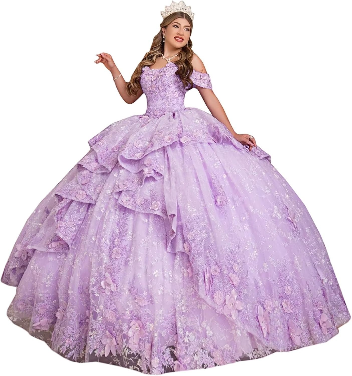 Mouccy Off Shoulder Quinceanera Dresses Ball Gown Lace Puffy Prom Dresses Beaded 3D Flowers Sweet 16 Dresses with Ruffles
