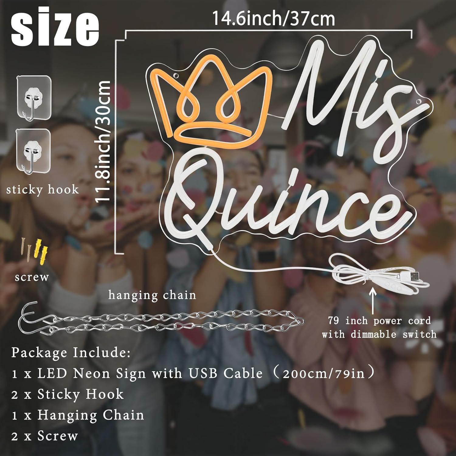 Mis Quince Neon Sign, LED Mis Quinceanera Neon Sign with Crown, Dimmable Mis Xv Neon Sign Light, Mis 15 Años Letrero Quinceanera Decorations for 15th Birthday Party Girl Kid Christmas Wall Decor - Image 3