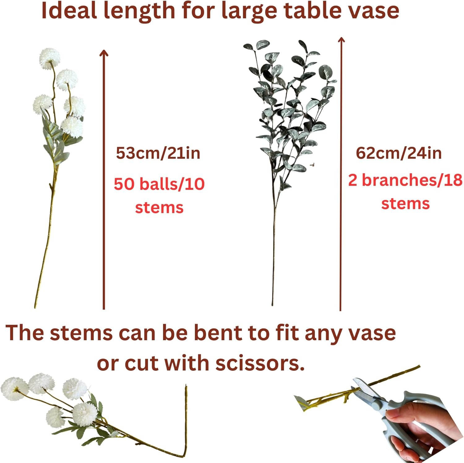 RyddeligHome Faux Kiku Flower White - 10 Stems & 18 Eucalyptus Stems(2 Branches), Small Mini Chrysanthemum Flowers, Artificial Pom Pom Balls for Aesthetic Room Decor, Floral Arrangements Centerpiece - Image 6