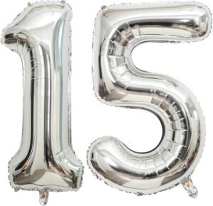 40 Inch Silver 15 Number Balloons Giant 15 or 51 Balloons Silver Birthday 15 Balloons 15th Birthday Anniversary Party Decorations Supplies