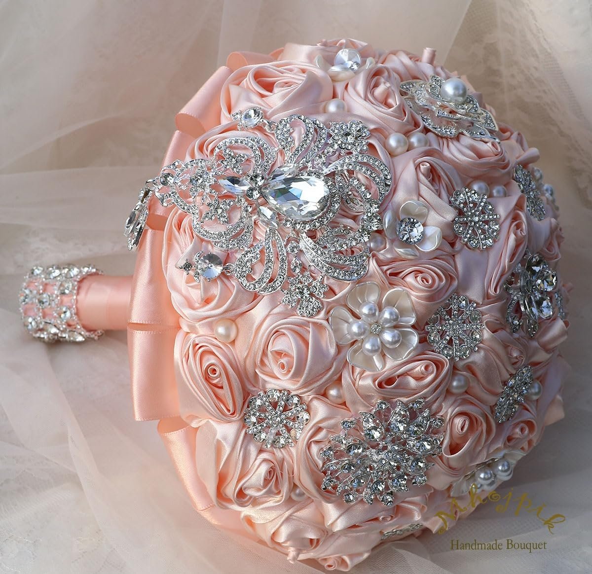 Bridal Wedding Bouquet Round Bling Brooch Bouquet Artificial Rose Flower Bunch for Bride Bridesmaid Wedding Quinceanera(Light Pink, 7.5") - Image 5
