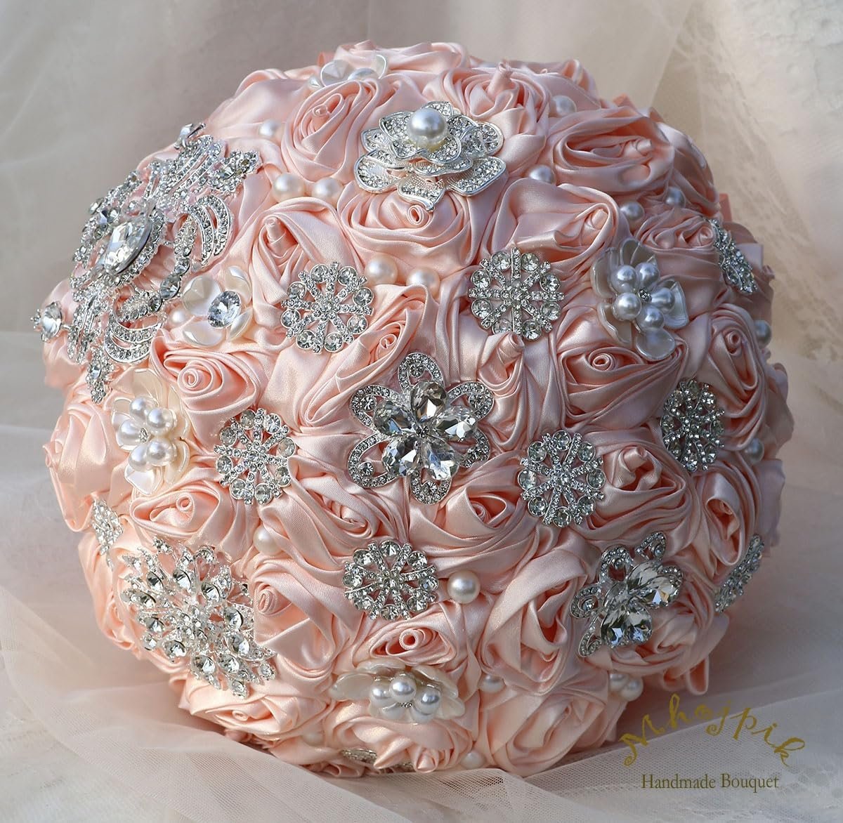 Bridal Wedding Bouquet Round Bling Brooch Bouquet Artificial Rose Flower Bunch for Bride Bridesmaid Wedding Quinceanera(Light Pink, 7.5") - Image 9