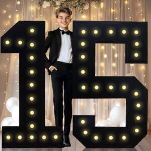 4FT Marquee Light Up Numbers, Black Giant Marquee Number Big Mosaic Number for 15th Birthday Party Decorations Boys Backdrop 15 Anniversary Decor, Pre-Cut Frame Large Number 15