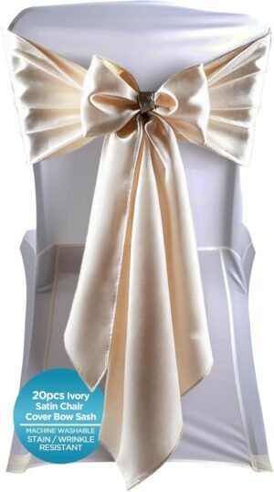 Satin Bow Sash Chair Cover Decoration – Elegant Sashes for Weddings, Banquets, Receptions, Special Events, Restaurants, and Parties – 28 Available Color Choices, Set of 20, Ivory