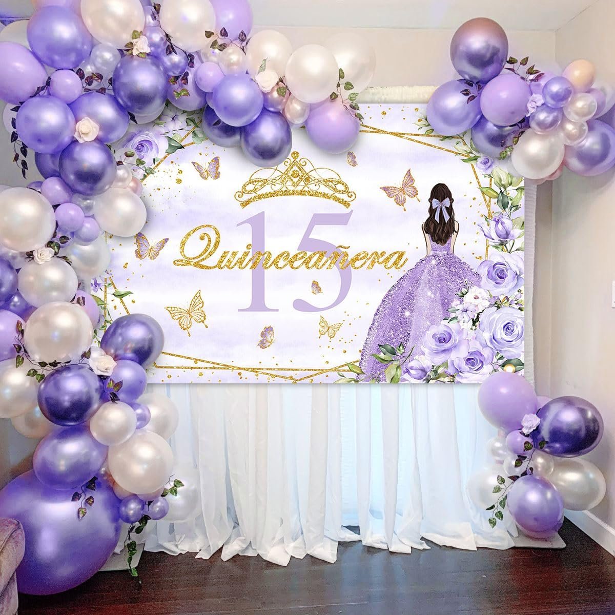 Avezano Quinceanera 15 Birthday Backdrop Banner Mis Quince Anos 15th Birthday Party Decorations Girls Sweet 15 Birthday Party Background Purple Gold, 70.8 x 43.3 inch - Image 2