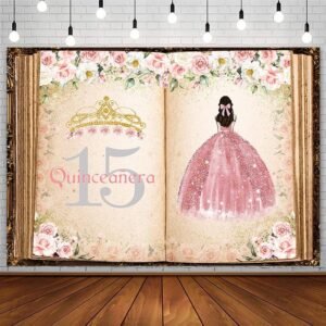 7x5ft Quinceanera 15th Birthday Backdrop for Girl Mis Quince Anos 15th Birthday Party Decorations Once Upon a Time Fairy Tale Book Pink Rose Gold Floral Crown Banner Photography Background Prop