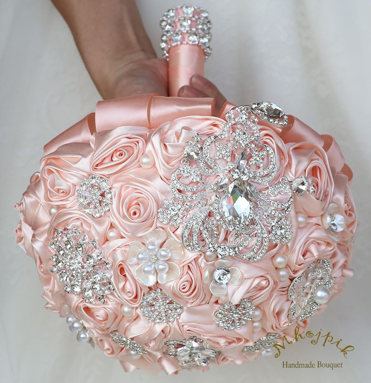 Bridal Wedding Bouquet Round Bling Brooch Bouquet Artificial Rose Flower Bunch for Bride Bridesmaid Wedding Quinceanera(Light Pink, 7.5") - Image 3