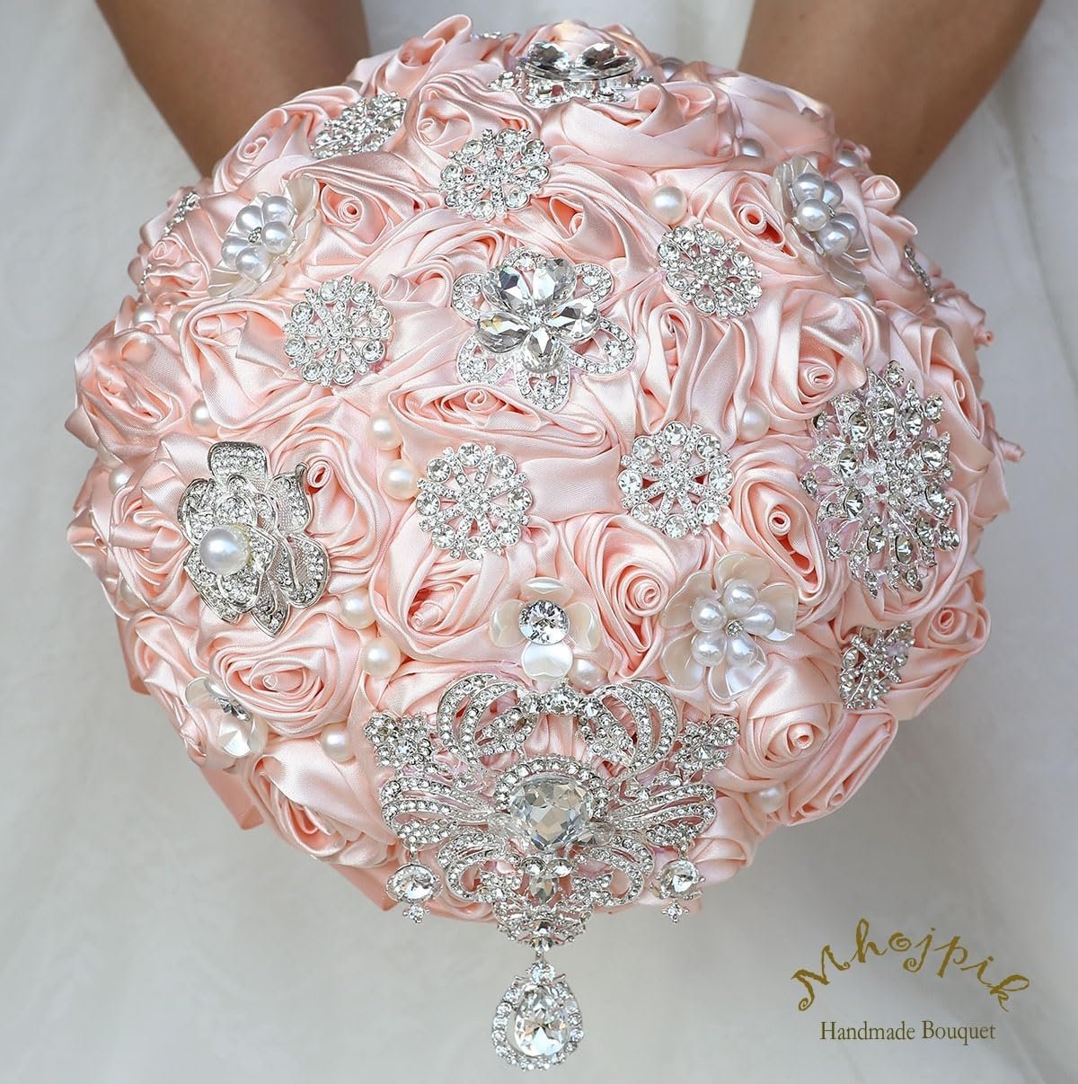 Bridal Wedding Bouquet Round Bling Brooch Bouquet Artificial Rose Flower Bunch for Bride Bridesmaid Wedding Quinceanera(Light Pink, 7.5") - Image 2