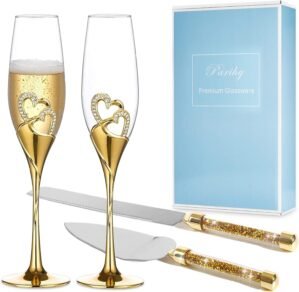 Wedding Cake Knife and Server Set, Champagne Flutes and Cake Knife Server Set, Wedding Gifts Toasting Glasses for Couple Bride and Groom, Cake Cutting Set, Engagement Gifts
