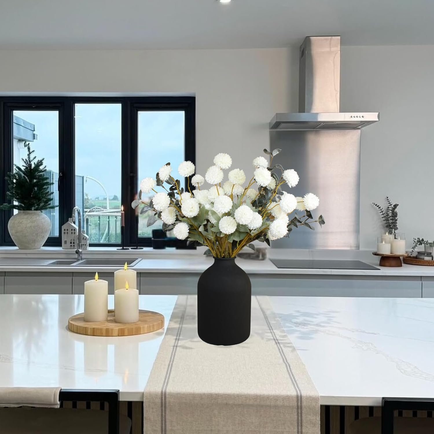 RyddeligHome Faux Kiku Flower White - 10 Stems & 18 Eucalyptus Stems(2 Branches), Small Mini Chrysanthemum Flowers, Artificial Pom Pom Balls for Aesthetic Room Decor, Floral Arrangements Centerpiece - Image 5