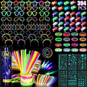 394 Pcs Glow in the Dark Party Supplies for 16 Kids Adults, Light Up Party Favors,150 Glow Sticks Bulk Party Pack (for Glow Glasses,Earring,Bunny Ear Headband,Bracelets, Necklaces), Glow Party Favors
