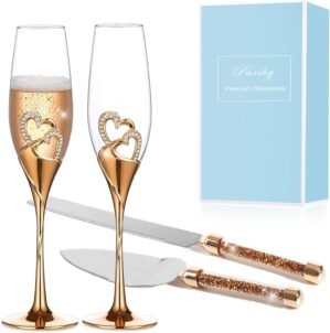 Rose Gold Wedding Champagne Flutes and Cake Knife Server Set, Toasting Glasses with Rhinestone Heart Decoration for Bride and Groom, Cake Cutting Set of 4, Wedding Presents for Couple