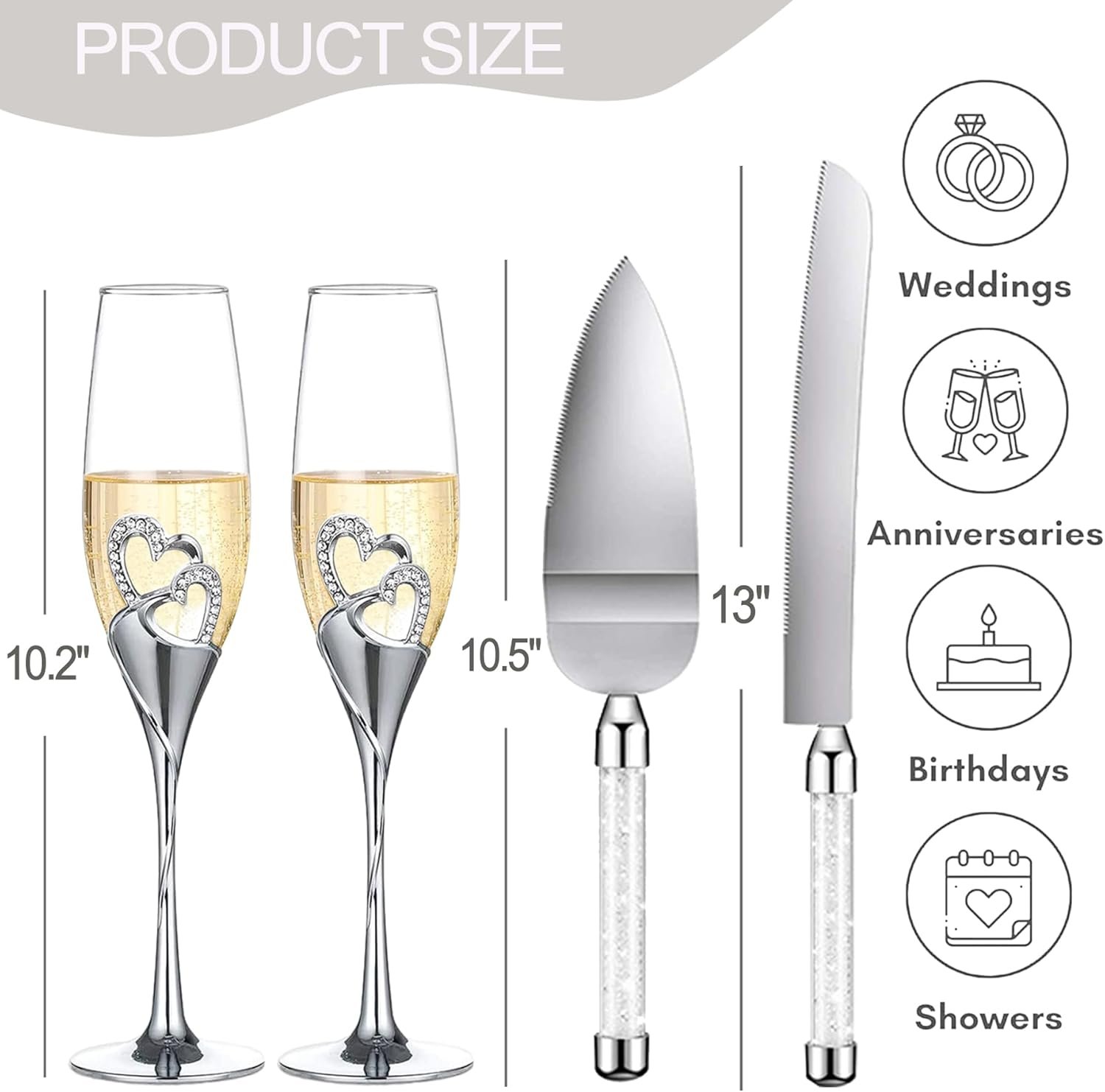 Wedding Cake Knife and Sever Set, Wedding Champagne Flutes and Cake Knife Server Set, Cake Cutting Set for Wedding, Engagement Gfits for Couples - Image 7