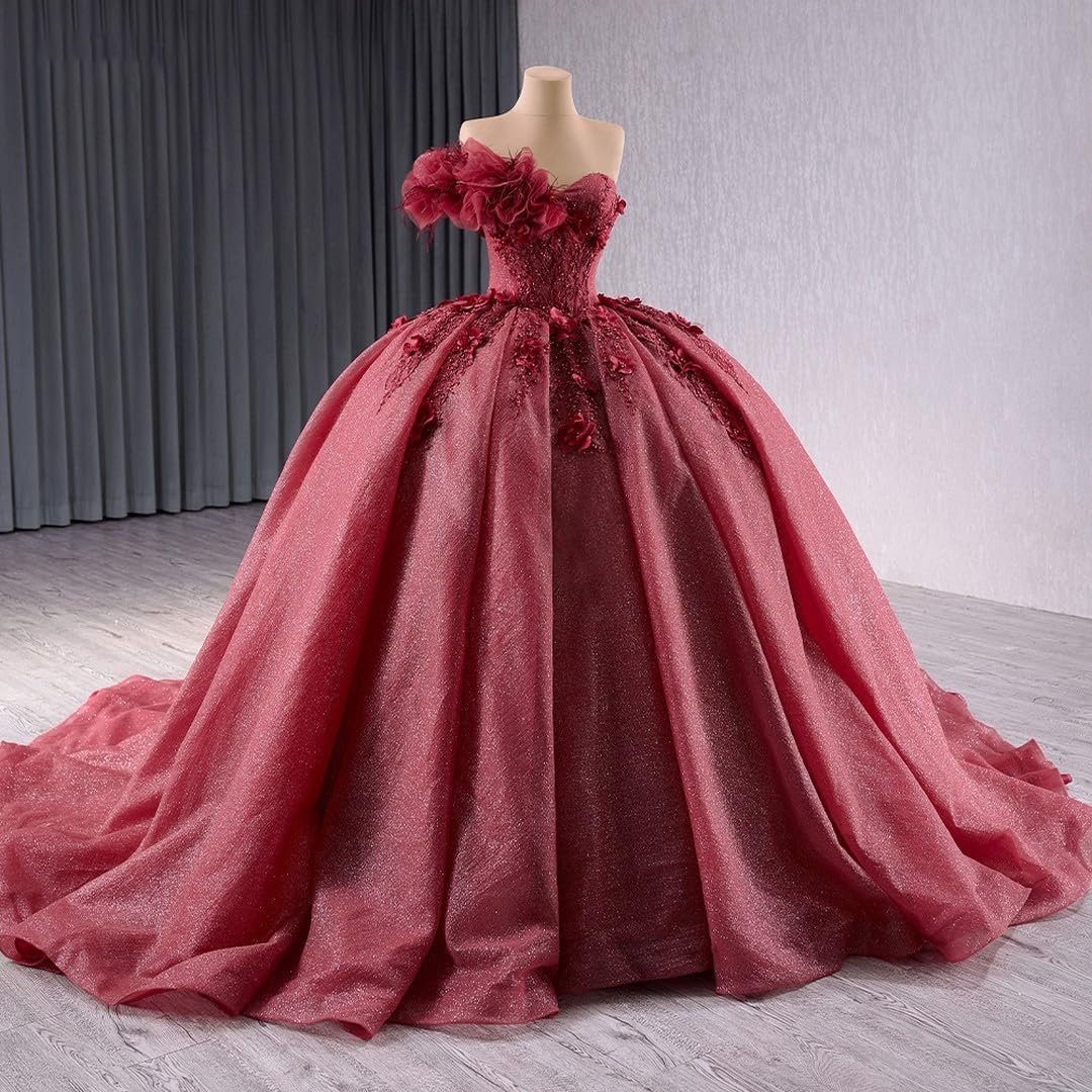 3D Flowers Quinceanera Dresses Puffy Tulle Strapless Sweet 16 Dresses with Train Sparkly Beaded Ball Gowns - Image 3