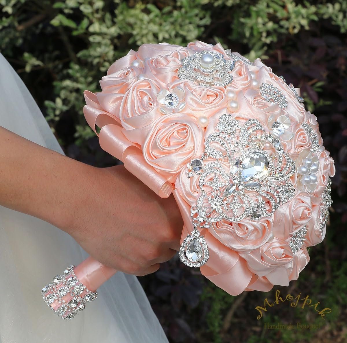 Bridal Wedding Bouquet Round Bling Brooch Bouquet Artificial Rose Flower Bunch for Bride Bridesmaid Wedding Quinceanera(Light Pink, 7.5") - Image 7