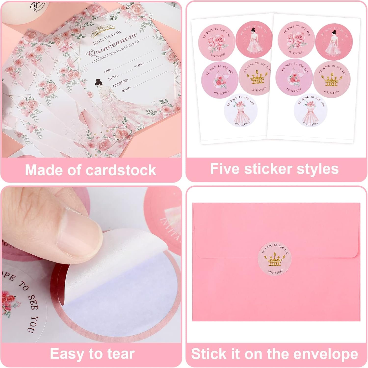 24 Sets Quinceanera Invitations Kit Include Quinceanera Invitation Cards with Envelopes and Stickers Crown Princess Rose Quinceanera Card Invitations for Quinceanera Bridal Shower Birthday Invite - Image 2