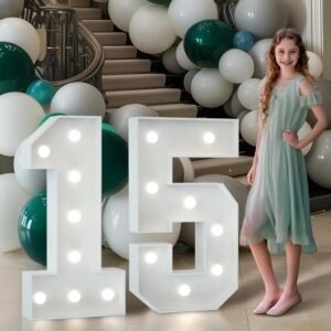 Imprsv Marquee Numbers 3 Feet Tall: Large 15th Birthday Decorations 3FT Light Up Numbers White Anniversary Party Decor Big Backdrop Foam Cardboard Number 15