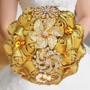 Gold Rhinestone Brooch Wedding Flowers Bridal Bouquets Golden Crystal Bride Holding Bouquet Bridesmaids Bouquet Satin Roses with Crystal Diamond Pearl Decor ( Dia:8.26inchH:10inch Gold Color W227Q)…