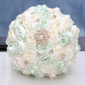 Bridal Wedding Bouquet with Rhinestone Brooch Pearl Bouquet for Bride Bridesmaid Quinceanera Rose Flower Bridal Bouquet Wedding Light Green and Ivory 8.7in