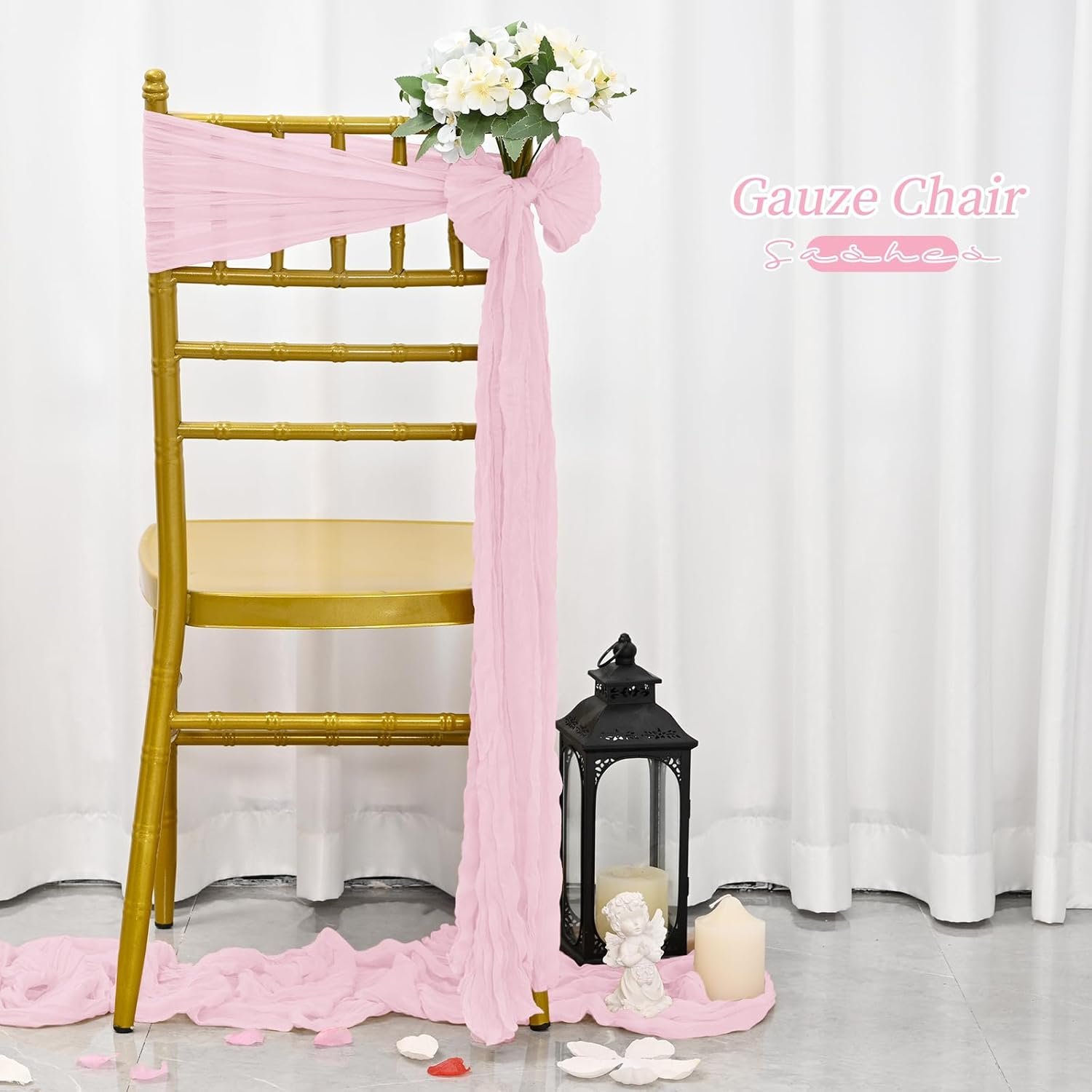 Showgeous 20 PCS Chair Sashes Cheesecloth Chair Sashes Rustic Chair Decorative Bows Designed Chair Cover for Wedding Banquet Party Aisle Home Kitchen Decoration (Light Pink, 16 x 108 inch) - Image 7