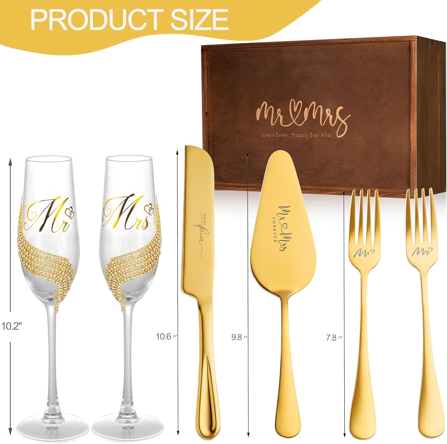 Wedding Cake Knife and Server Set, Gold Mr and Mrs Champagne Flutes and Cake Cutting Set for Wedding Bridal Shower Gifts (Gold) - Image 8
