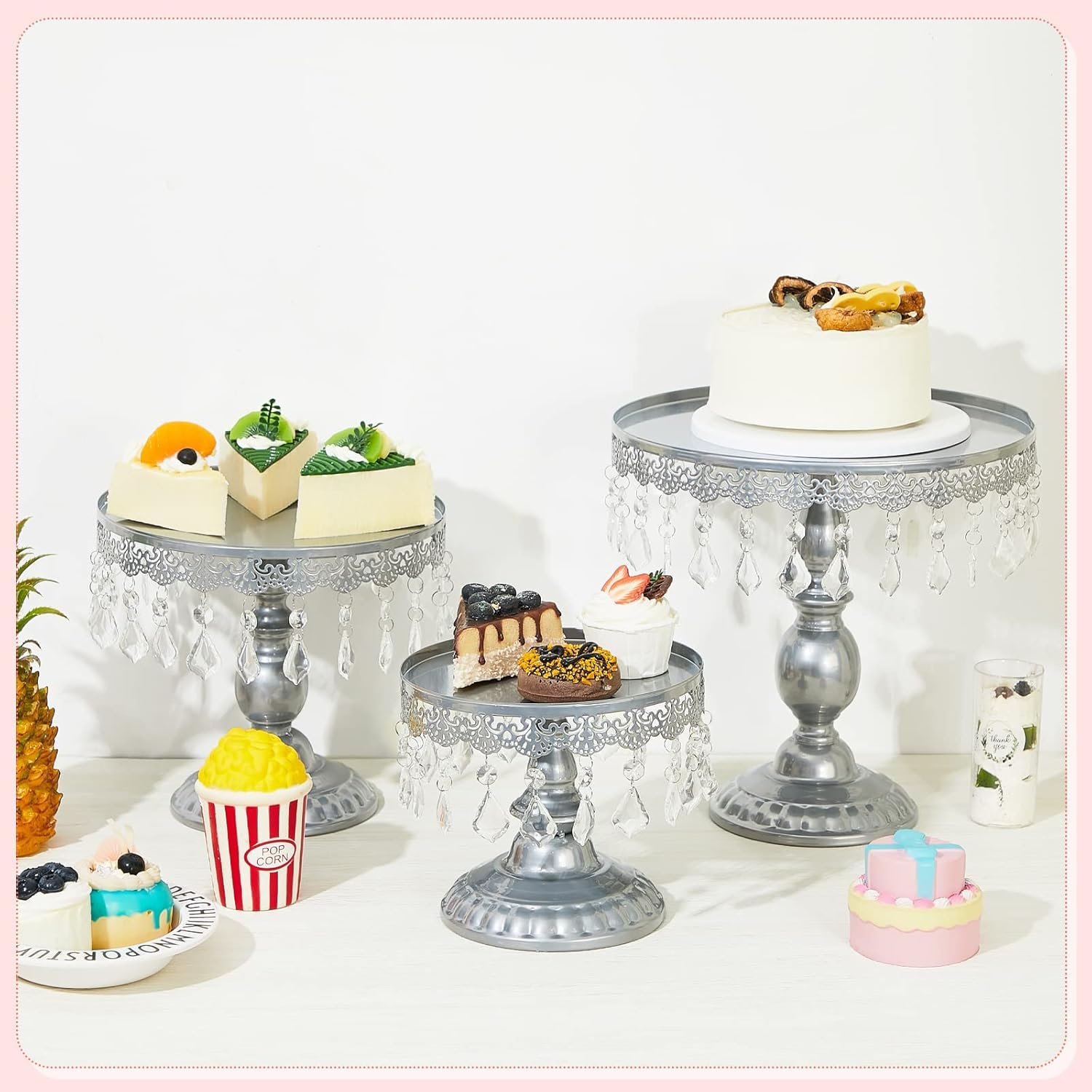 Eaasty 3 Pcs Cake Stand Set Round Cake Stand with Crystal Bling Pendants Dessert Table Display Set for Wedding Event Birthday Party Dessert Table(Silver) - Image 2