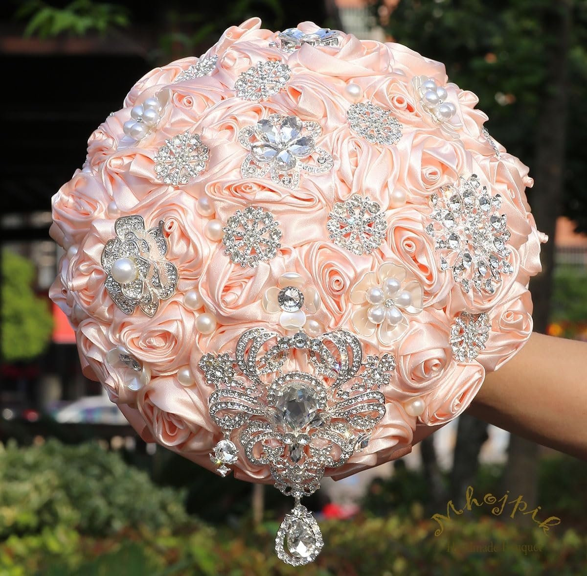 Bridal Wedding Bouquet Round Bling Brooch Bouquet Artificial Rose Flower Bunch for Bride Bridesmaid Wedding Quinceanera(Light Pink, 7.5") - Image 8