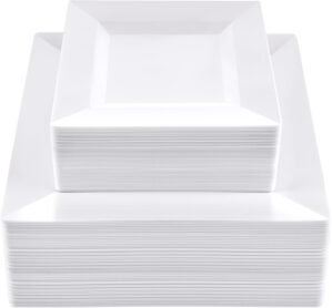 SETUP [100 Piece Combo White Square Plates, Disposable Plastic Plates – Premium Heavy-Duty 50 Disposable 9.5″ Dinner Party Plates and 50 Disposable 6.5″ Salad Plates