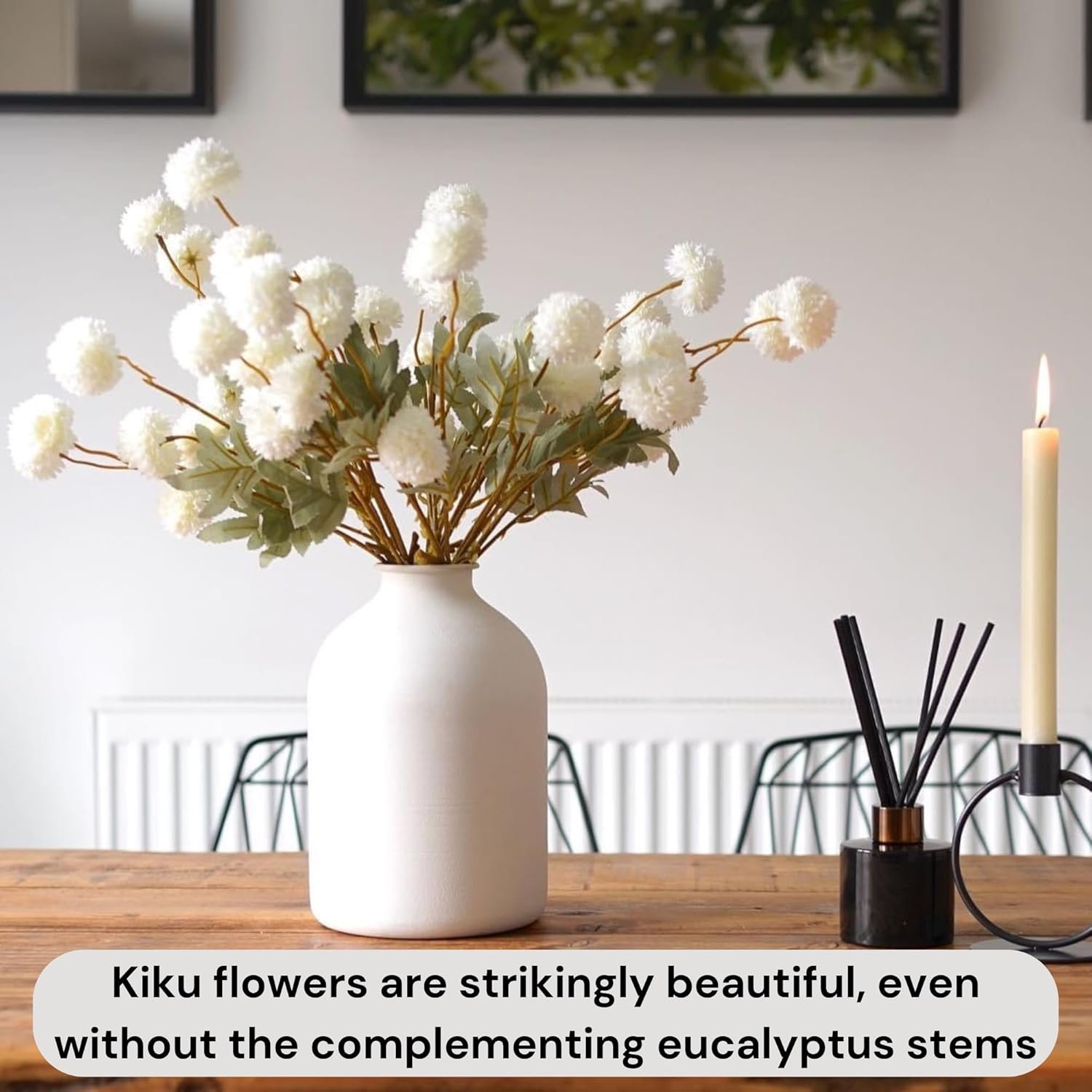 RyddeligHome Faux Kiku Flower White - 10 Stems & 18 Eucalyptus Stems(2 Branches), Small Mini Chrysanthemum Flowers, Artificial Pom Pom Balls for Aesthetic Room Decor, Floral Arrangements Centerpiece - Image 3