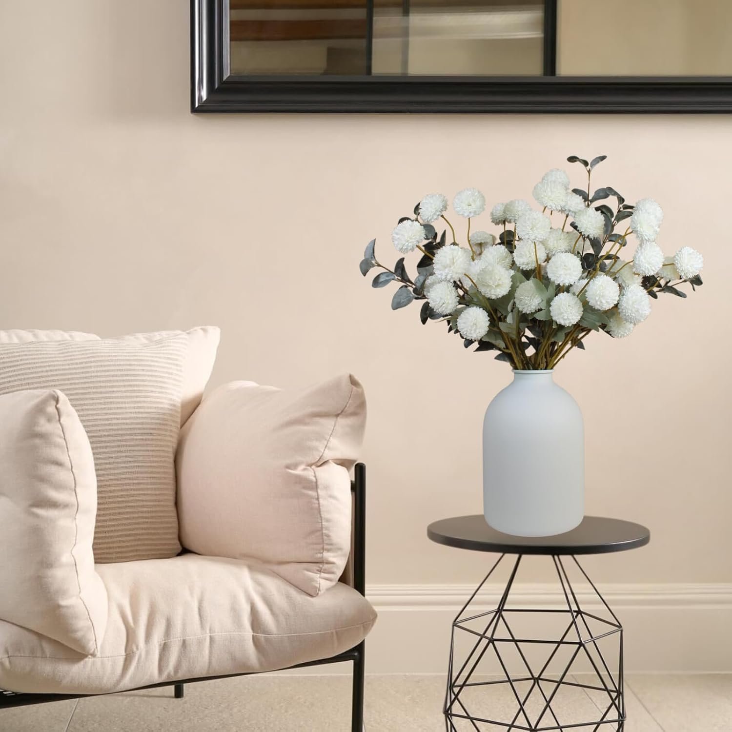 RyddeligHome Faux Kiku Flower White - 10 Stems & 18 Eucalyptus Stems(2 Branches), Small Mini Chrysanthemum Flowers, Artificial Pom Pom Balls for Aesthetic Room Decor, Floral Arrangements Centerpiece - Image 2