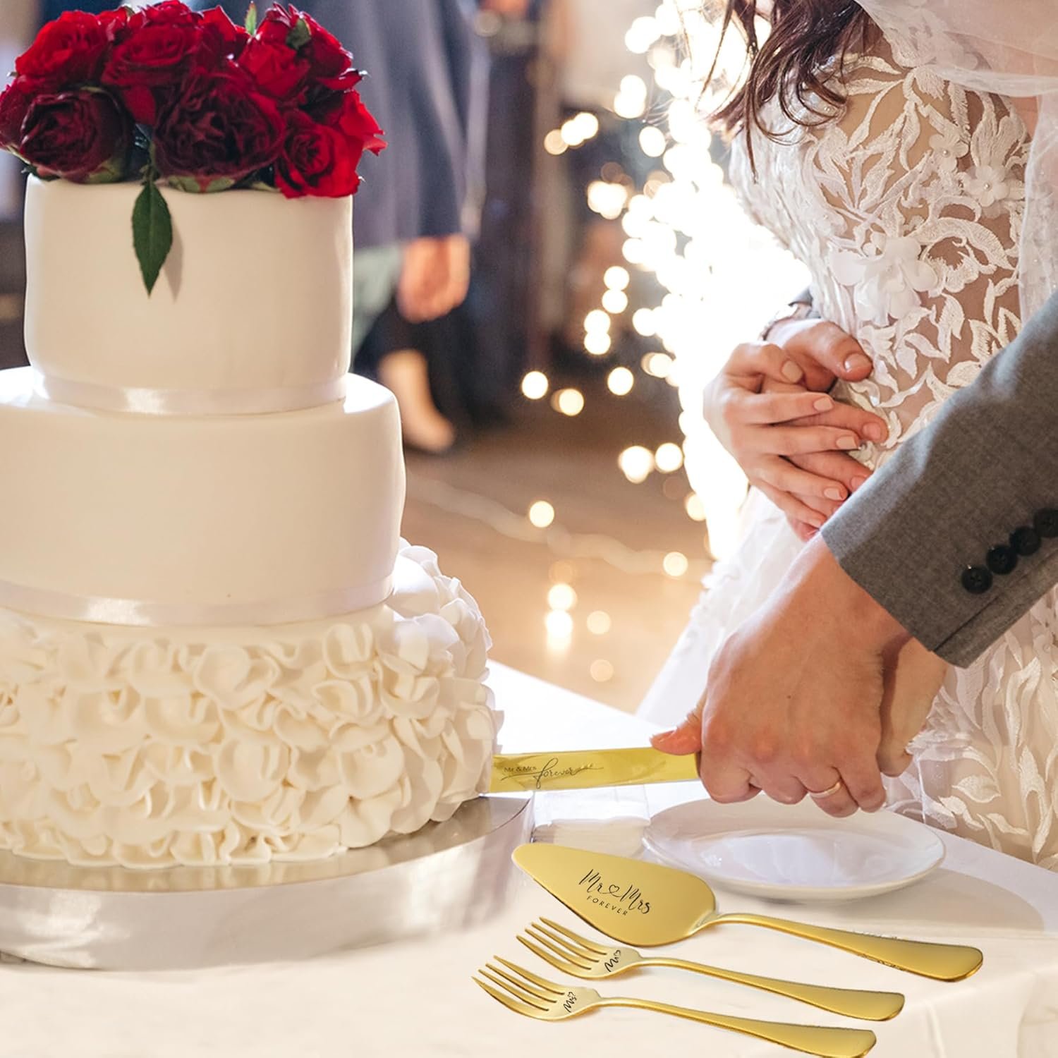 Wedding Cake Knife and Server Set, Gold Mr and Mrs Champagne Flutes and Cake Cutting Set for Wedding Bridal Shower Gifts (Gold) - Image 6