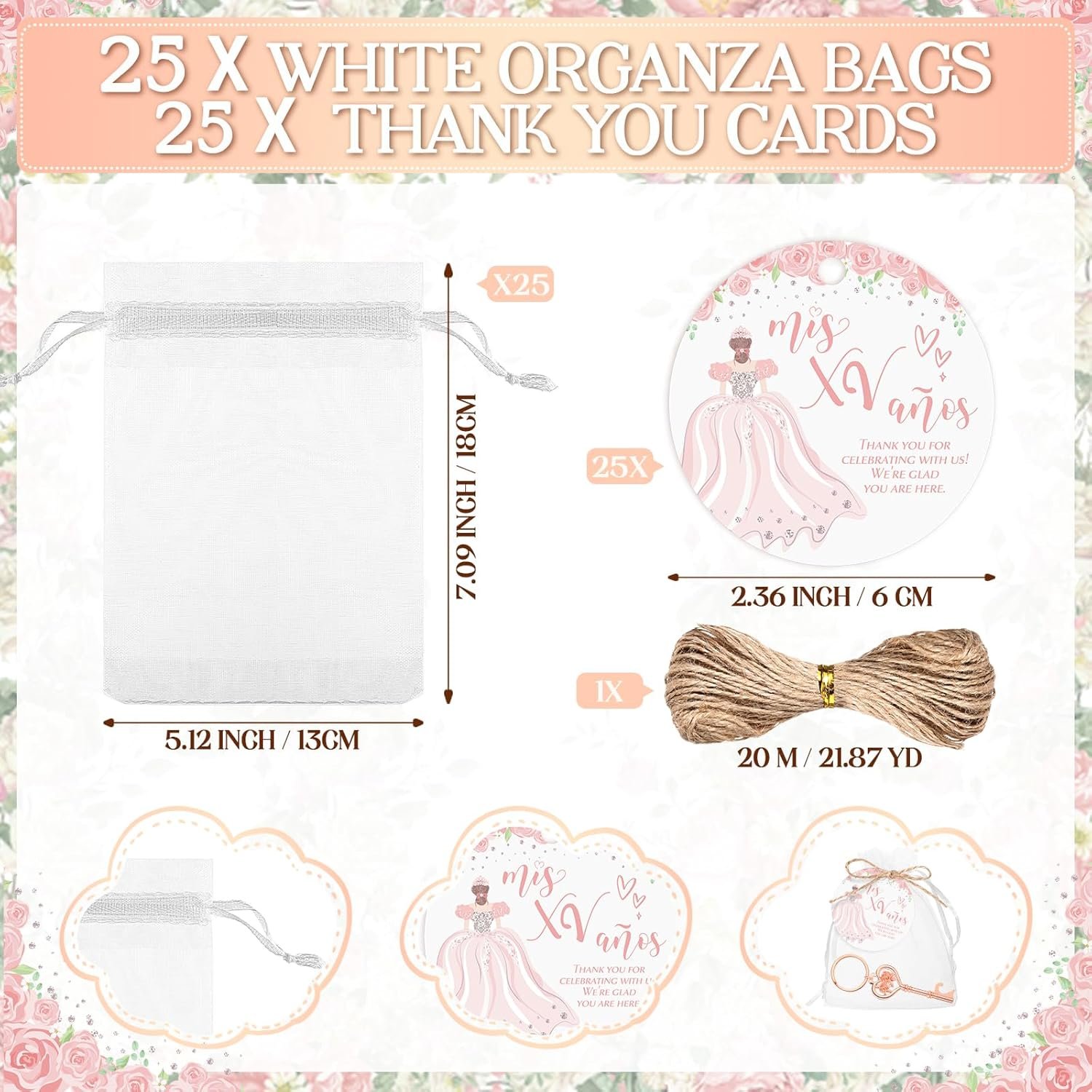 25 Sets Quinceanera Party Favors for Guests Rose Bottle Opener Flower Bottle Opener Keychain with Thank You Cards and Organza Bags 15 Year Old Party Favor Quinceanera Gifts for Guests - Image 3