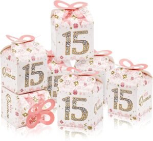 Qonmpcvu 50PCS 15th Birthday Box 13″ 15th Birthday Party Favor Boxes Quinceanera Party Decorations Mis Quince Anos, Sweet 15 Birthday 15th Birthday Box Decoration Rose Gold For Guest Party