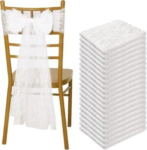50 Pcs Vintage White Lace Chair Sashes Embroidered Boho Bows Rustic Floral Chair Ties for Wedding Bridal Shower Baby Shower Birthday Party Table Decorations, 7 x 108 Inches