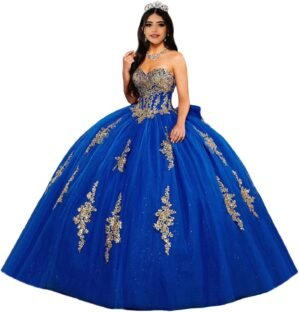 Gold Lace Appliques Quinceanera Dresses Puffy Strapless Tulle Prom Dresses Glitter Beaded Ball Gown with Bow